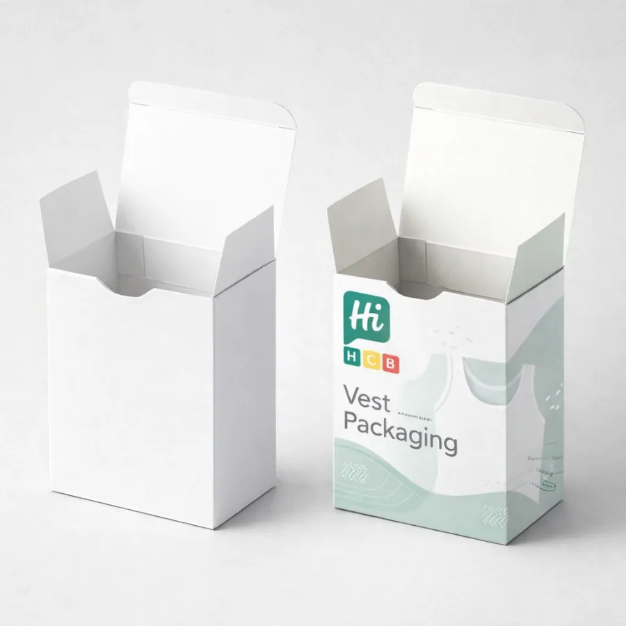 Two upright cardboard boxes with tuck-in lids- showing a minimalist white and pale green design- class=